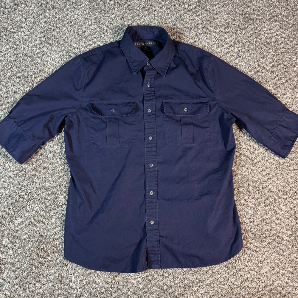 Women's Ralph Lauren Black Label Sz 12 Navy Blue Cotton Button Down Shirt